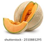 Cantaloupe melon and melon slice isolated on white background. File contains clipping path.