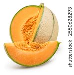 Cantaloupe melon and melon slice isolated on white background. File contains clipping path.