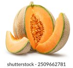 Cantaloupe melon and melon slices isolated on white background. File contains clipping path.