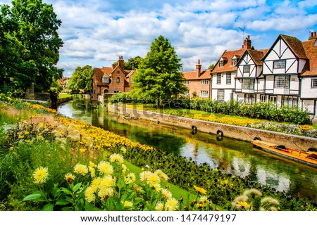 Canterbury, Kent, UK: Landscape of the Great Stour river running through old timbered houses near Westgate Gardens.
