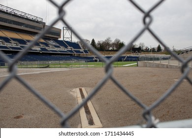 Canton, Oh / USA - April 17, 2019: View Of The Tom Benson Hall Of Fame Stadium From Behind A Fence With Selective Focus.