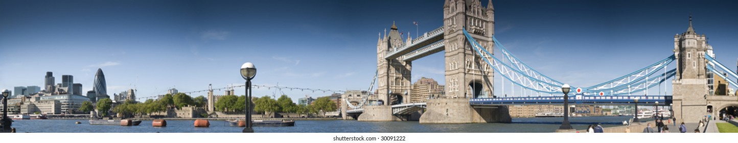 Cantral London panorama.Panorama of Central London, including famous landmarks as Tower bridge, The tower of London and the Gherkin and visitors.