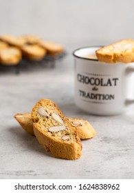 Cantucci and coffee. Italian double baked cookies (biscotti) ana a cup of morning coffee. 
