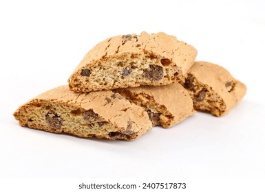Cantucci, also known as Biscotti,  italian almond cookies from Tuscany, with chocolate chips. White background.