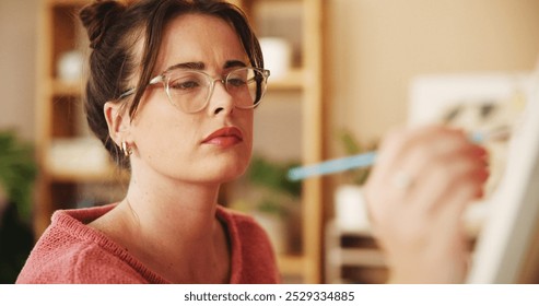 Canvas, painting and woman artist in home with glasses, brush and inspiration for drawing talent. Art studio, thinking and girl painter with vision, ideas and tools for creative project in apartment - Powered by Shutterstock