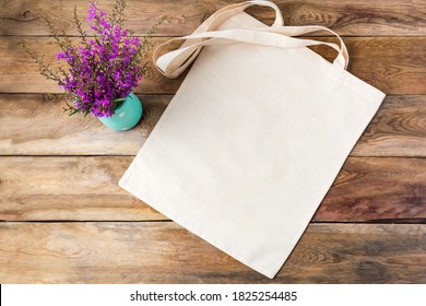 Canvas Tote Bag Mockup With Purple Wildflowers. Rustic Linen Shopper Bag Mock Up For Branding Presentation