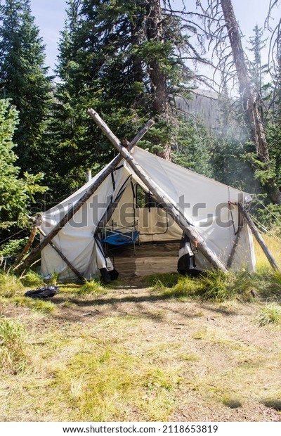 A canvas\
wall tent for elk hunters in\
Colorado.