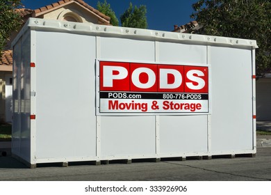 CANYON COUNTRY,CA/USA - OCTOBER 31, 2015: PODS Moving And Storage Container. Portable On Demand Storage, Is A Moving And Storage Company.