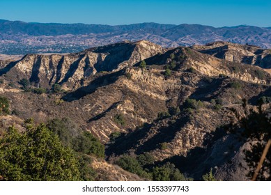 Canyon Hills, Blue Sky, And Suburbs. Rice Canyon Hiking. Landscape In Valencia, Santa Clarita, CA, USA. 