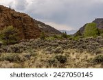 Canyon view in the Shoshone National Forest along Buffalo Bill Cody Scenic Byway on the way to Yellowstone National Park on a cloudy spring day near Wapiti Valley