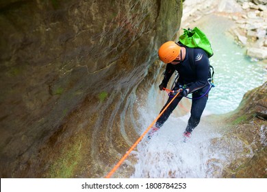 Canyoneering Furco Canyon in Pyrenees, Broto village, Huesca Province in Spain. - Shutterstock ID 1808784253