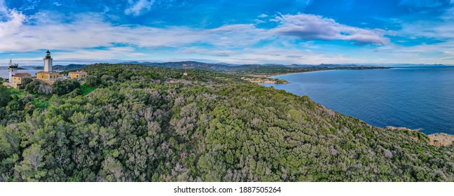 Cap Camarat, France - January 1st 2021 - Aerial View Of The Lighthouse Of Cap Camarat In The South Of France Beside St Tropez