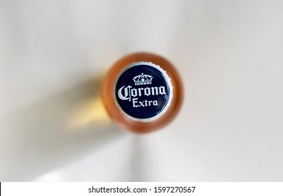Cap of Corona Extra beer close up. photographed from above. Romania, Bucuresti. December, 24, 2019.