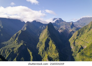 The Cap Noir Belvedere and Roche Verre Bouteille, aerial view by drone of the Cirque de Mafate, Reunion Island