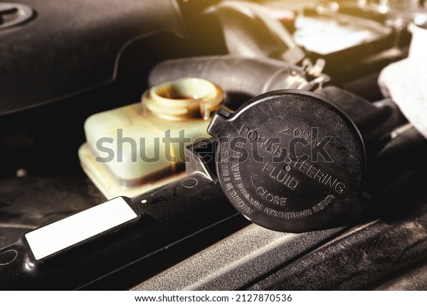 Cap of power steering fluid reservoir of the\
hydraulic steering wheel in the\
car