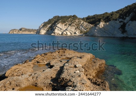 Cap Prim and Sardine Bay seem from Cala Blanca, Javea, Alicante Province, Valencia, Spain