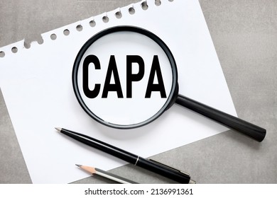 CAPA. abbreviation of corrective action and preventive action. text on magnifier glass on gray background