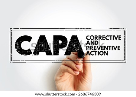CAPA - Corrective And Preventive Action consists of improvements to an organization's processes taken to eliminate causes of non-conformities or other undesirable situations, acronym concept stamp