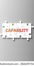 Capability complex like a puzzle - pictured as word capability on a puzzle pieces to show that capability is complex and needs cooperating pieces that fit together.