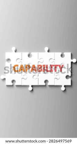 Capability complex like a puzzle - pictured as word capability on a puzzle pieces to show that capability is complex and needs cooperating pieces that fit together.