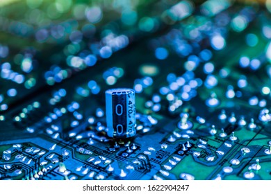 capacitor resistor on circuit board bule background, electronics, component, connector, microchip, technology,