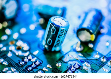 capacitor resistor on circuit board bule background, electronics, component, connector, microchip, technology,