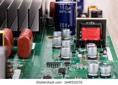 Capacitors, microcircuits and other electronic components close-up. The world of electronics.