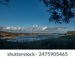 Cape Banks, at the Kamay Botany Bay National Park, in Randwick, Sydney Metropolitan area, facing the Pacific Ocean, with cloud formation, blue sky on a sunny afternoon. View framed by tree branches.