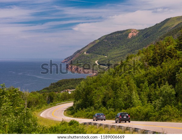 CAPE BRETON, NOVA SCOTIA, CANADA - JULY 19, 2018:\
Cabot Trail scenic highway and coast, Cape Breton Highlands\
National Park.