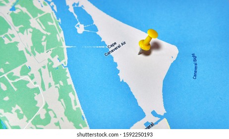 Cape Canaveral, Florida, USA On A Map Showing A Colored Pin