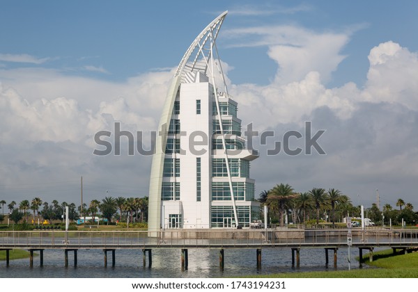 Cape
Canaveral, Florida/USA - May 27, 2020: Aerial view on Port
Canaveral is a cargo, cruise, and naval port in Brevard County,
Florida, United States. Exploration
Tower.