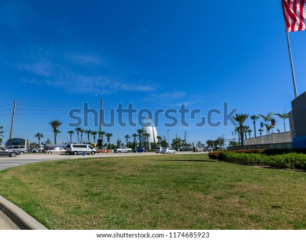 Cape Canaveral, USA - April 29, 2018: Exploration\
Tower is located at the Port of Canaveral and features fun exhibits\
and an observation deck overlooking the port at Cape Canaveral, USA\
on April 29