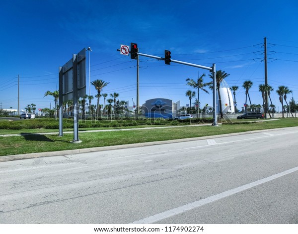 Cape Canaveral, USA - April 29, 2018: Exploration\
Tower is located at the Port of Canaveral and features fun exhibits\
and an observation deck overlooking the port at Cape Canaveral, USA\
on April 29