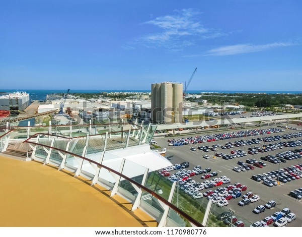 Cape
Canaveral, USA. The arial view of port Canaveral from cruise ship,
docked in Port Canaveral, Brevard County,
Florida
