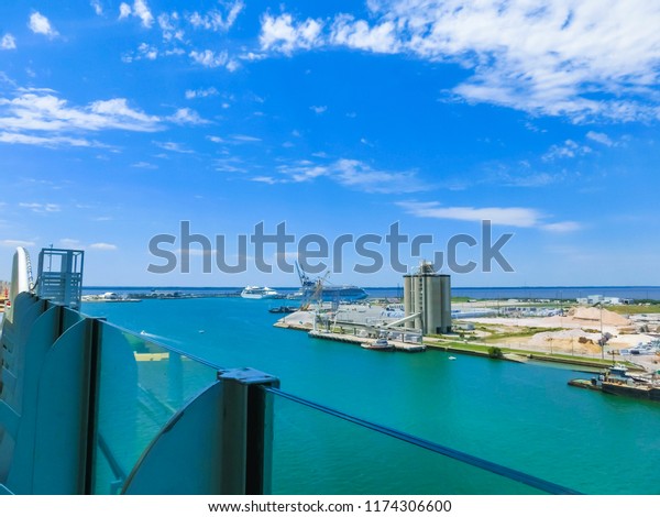 Cape\
Canaveral, USA. The arial view of port Canaveral from cruise ship,\
docked in Port Canaveral, Brevard County,\
Florida