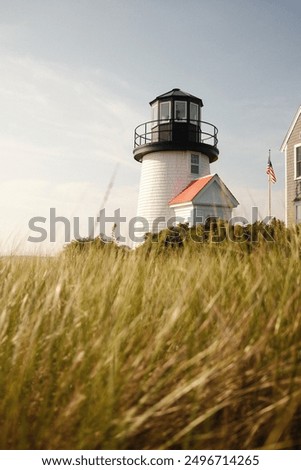 Cape cod coastal grassy lighthouse golden hour blue sky