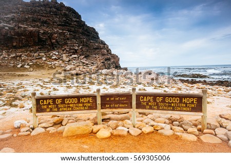 Cape of good hope sign with the geographical coordinates
