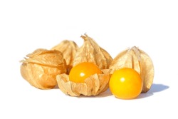 Cape Gooseberry On White Background. It Is One Of The Best Berries. It Is A Plant In The Same Family As Eggplant. Rich In Nutrients And High In Vitamins.                               