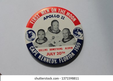 Cape Kennedy, Florida, USA- July 20th 1969 A Badge Given Out On Day Of Moon Landing To Celebrate The First Man On The Moon