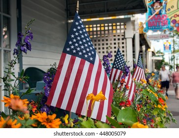 CAPE MAY, NEW JERSEY - JULY 2ND 2016: American Flags In Flowers On The Fourth Of July