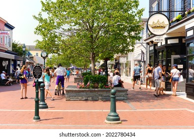 Cape May, NJ USA - July 5, 2021: The New Jersey shore resort community of Cape May is home to the colorful Washington Street Mall lined with shops and restaurants with iconic Victorian-era design.
