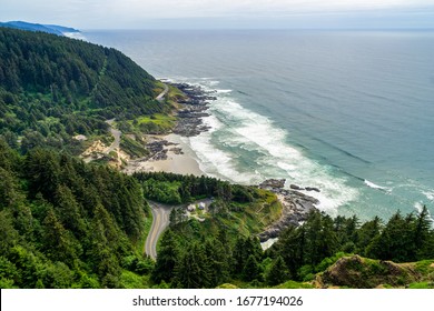 Cape Perpetua Scenic Overlook. Aerial view of the Cape Perpetua coastline from the Devils Churn to the Cooks Chasm, Yachats, Oregon coast, USA.