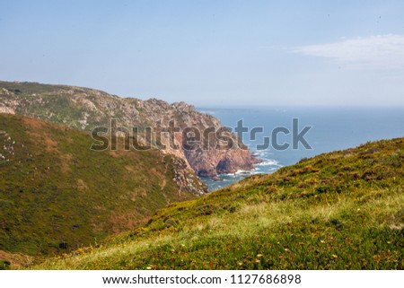 Cape Roca. Cabo da Roca. Westernmost extent of mainland Portugal, continental Europe and the Eurasian land mass. Southwest of the district of Lisbon, the westernmost extent of the Serra de Sintra