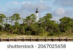 Cape San Blas lighthouse with beautiful blue sky and pine forest