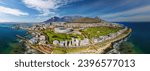 cape town aerial panorama from the ocean, entire town skyline with the famous stadium, table mountain and signal hill