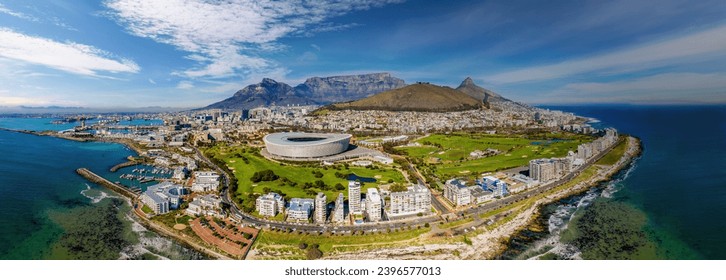 cape town aerial panorama from the ocean, entire town skyline with the famous stadium, table mountain and signal hill - Powered by Shutterstock