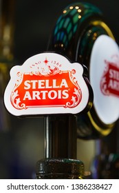 Cape Town - April 28, 2019:  Stella Artois Draught Beer Illuminated Sign On A Draft Beer Faucet Or Tap Lever To Pull At A Bar Or Pub, Advertises That One Can Buy This Famous Belgian Beer On Tap