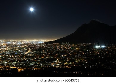 Cape Town City At Night With Moon In The Sky