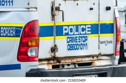 Cape Town - July 13, 2020:  SAPS, South African Police Services Van Closeup With Contact Details For Emergency 