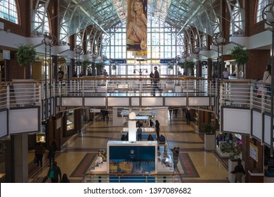 Cape Town - May 07, 2019:  V&A Waterfront Shopping Complex Or Mall Interior On A Week Day With People Going About Their Daily Activities  And A Popular Destination For Tourists And Locals Alike